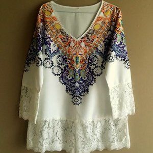 Women's White Long Sleeve Tunic with Vibrant Design and Lace Bottom---Medium